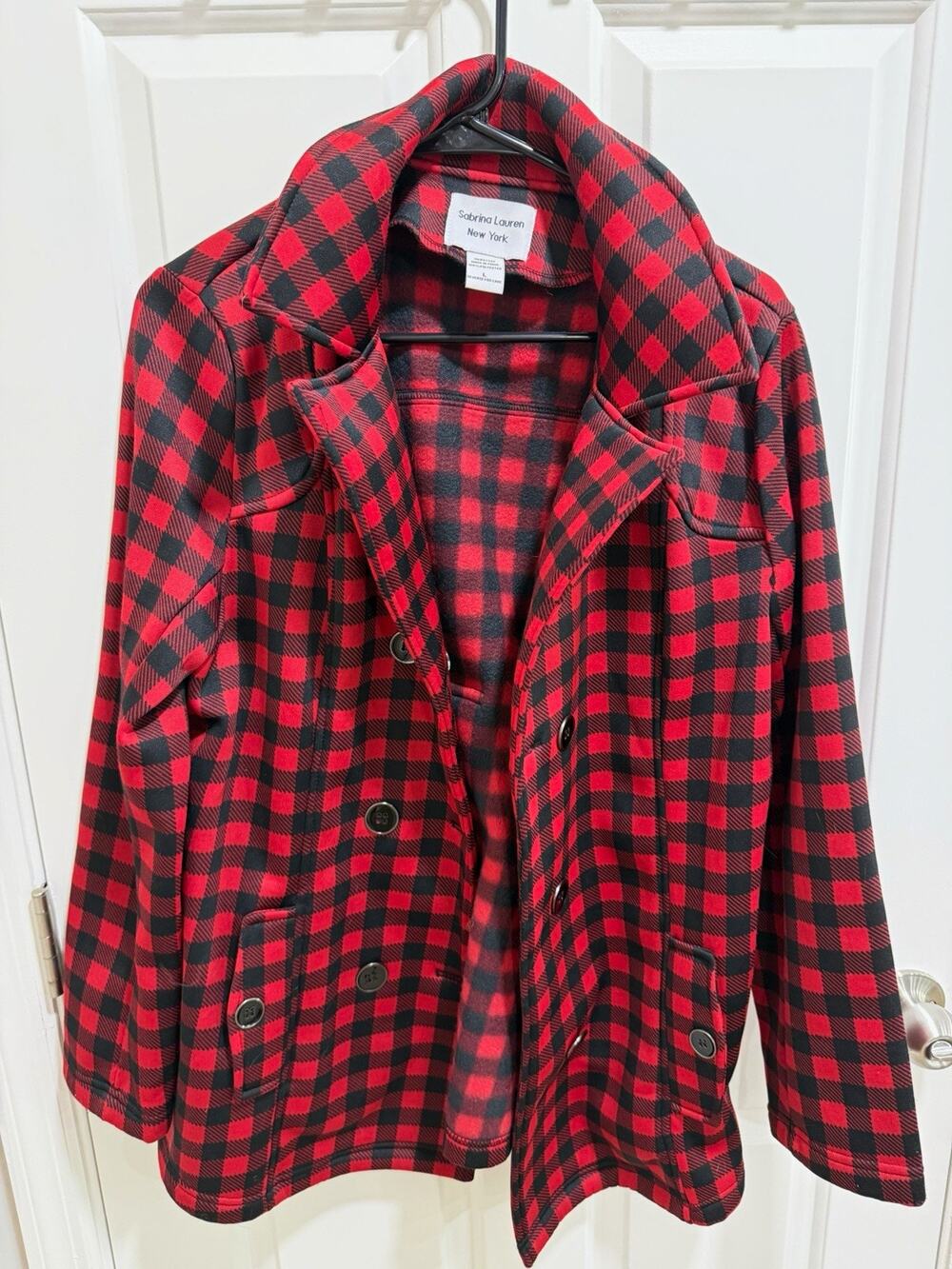 Sabrina Lauren New York Women's Red/Black Plaid Pea Coat Jacket L Pockets